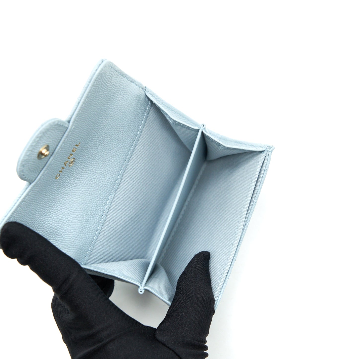 Chanel 22P Flap Double Card Holder Caviar Light Blue L