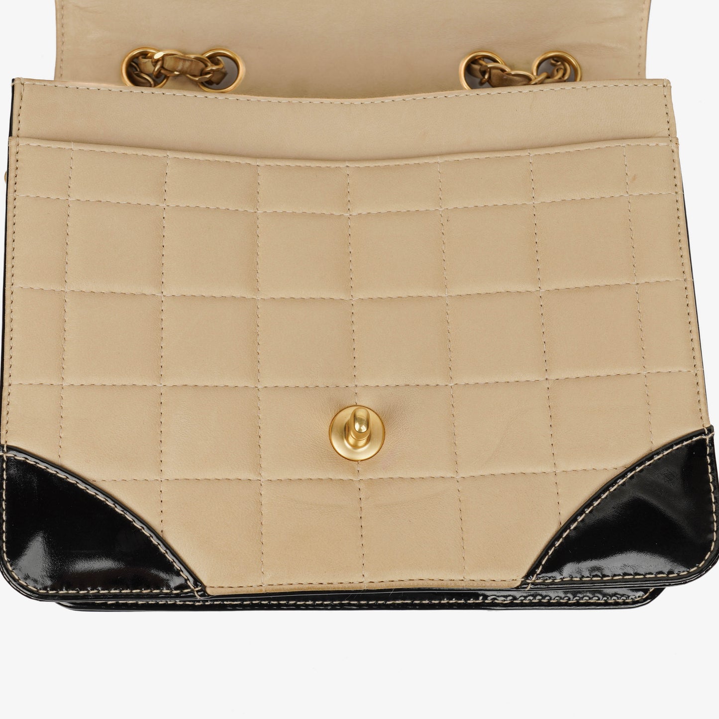 Chanel  Chocolate Bar Square Single Flap Beige Quilted Leather/Patent Leather Chain Shoulder Bag