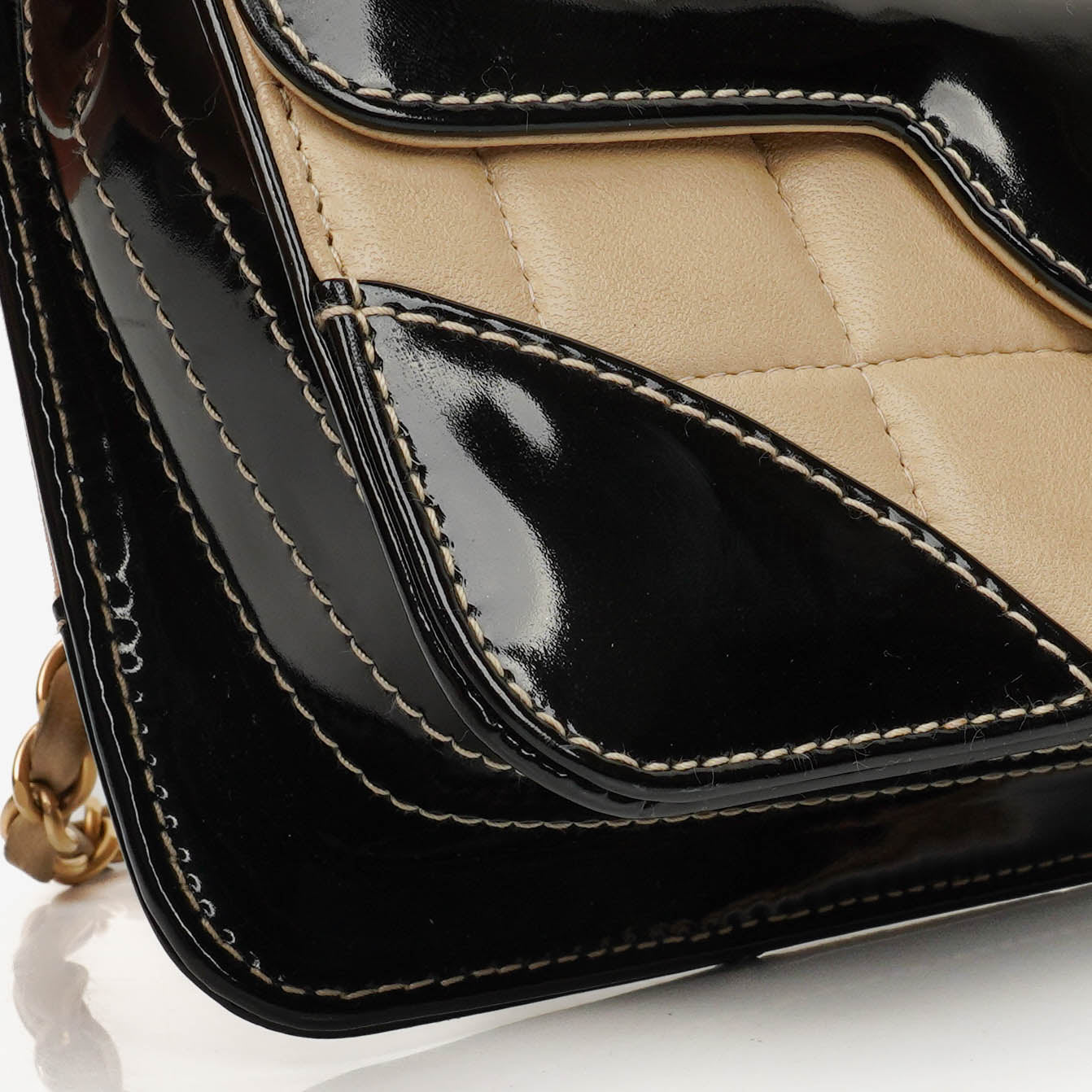 Chanel  Chocolate Bar Square Single Flap Beige Quilted Leather/Patent Leather Chain Shoulder Bag