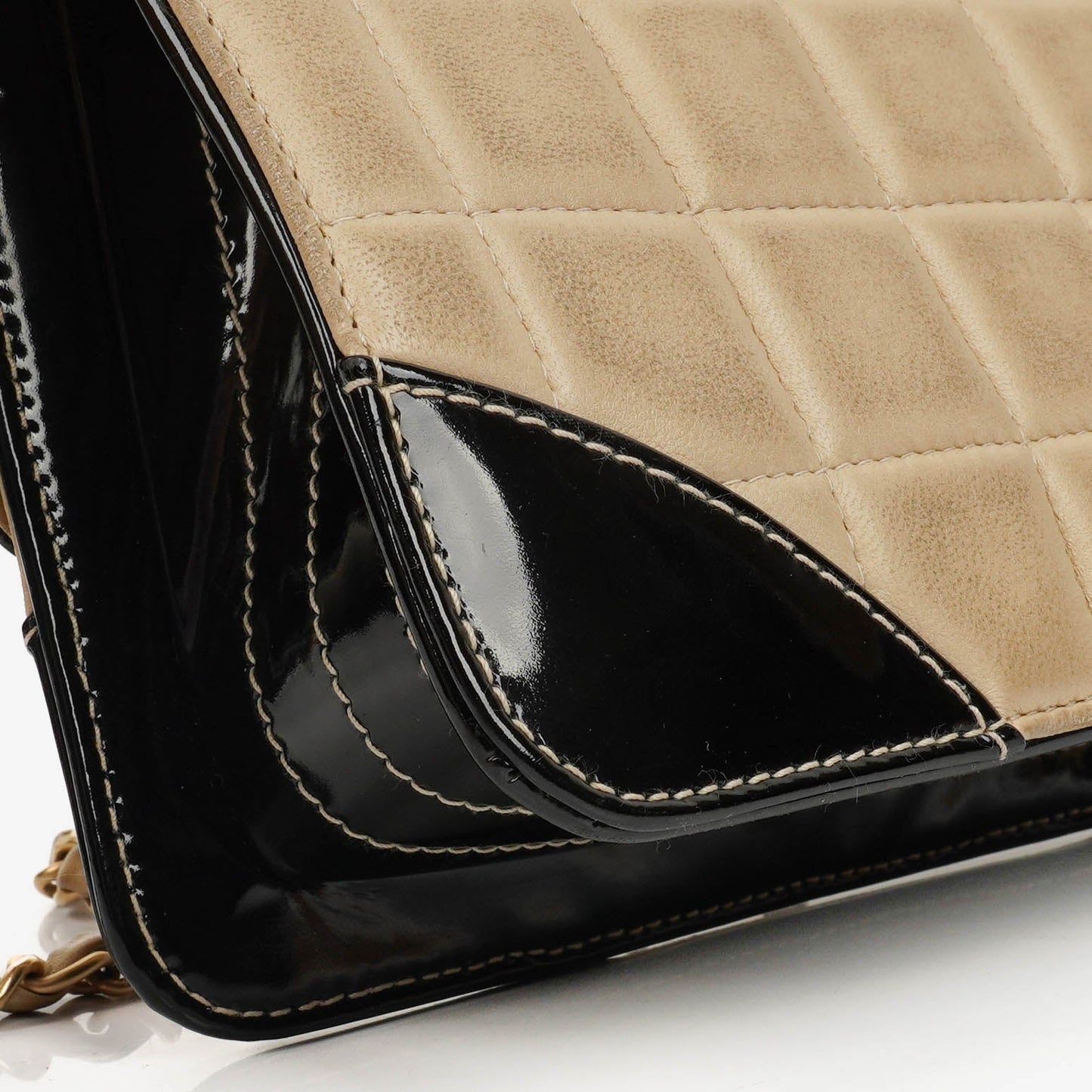 Chanel  Chocolate Bar Square Single Flap Beige Quilted Leather/Patent Leather Chain Shoulder Bag