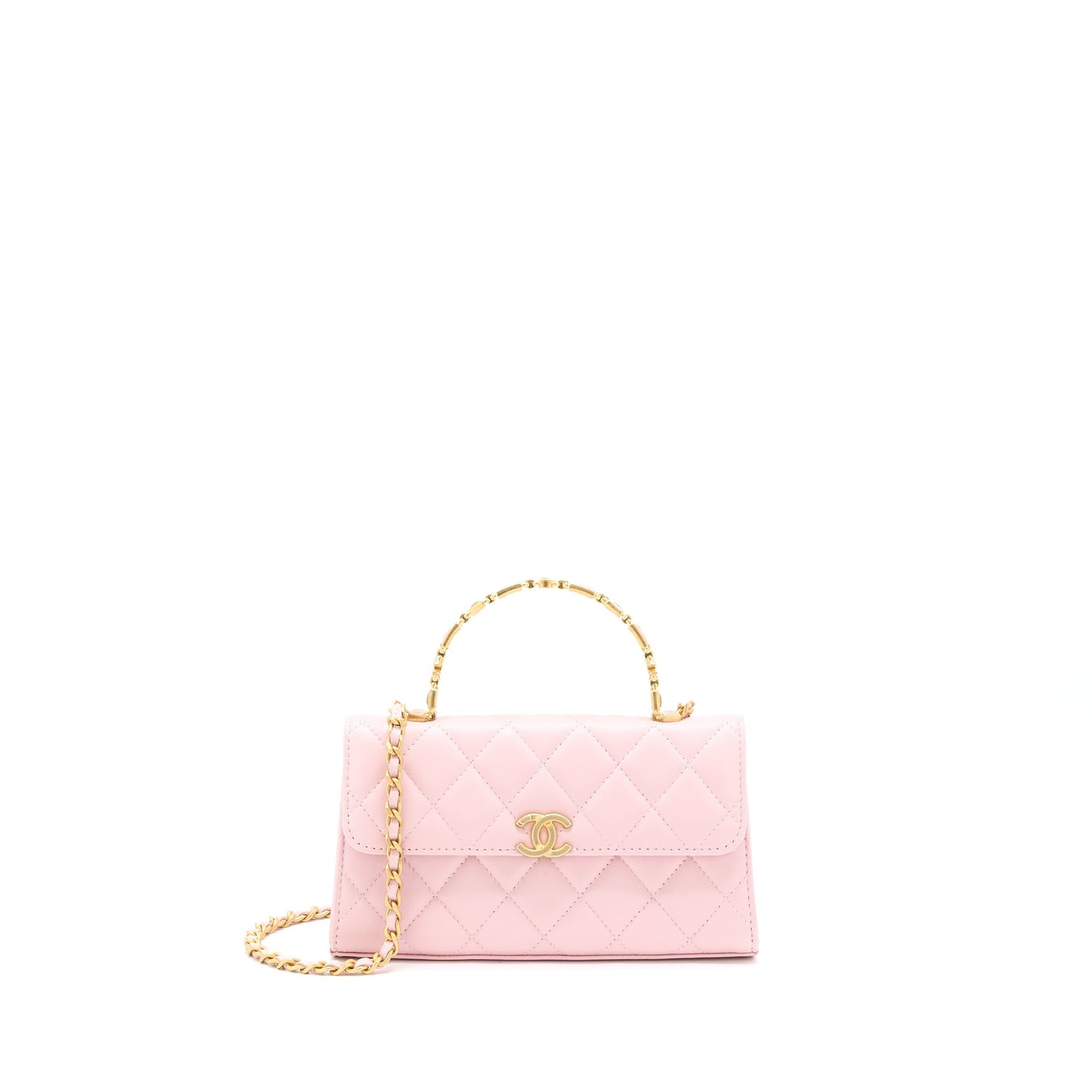 Chanel 22B Flap Bag Enamel/CC Logo Top Handle Lambskin NJ523 Light Pink Brushed