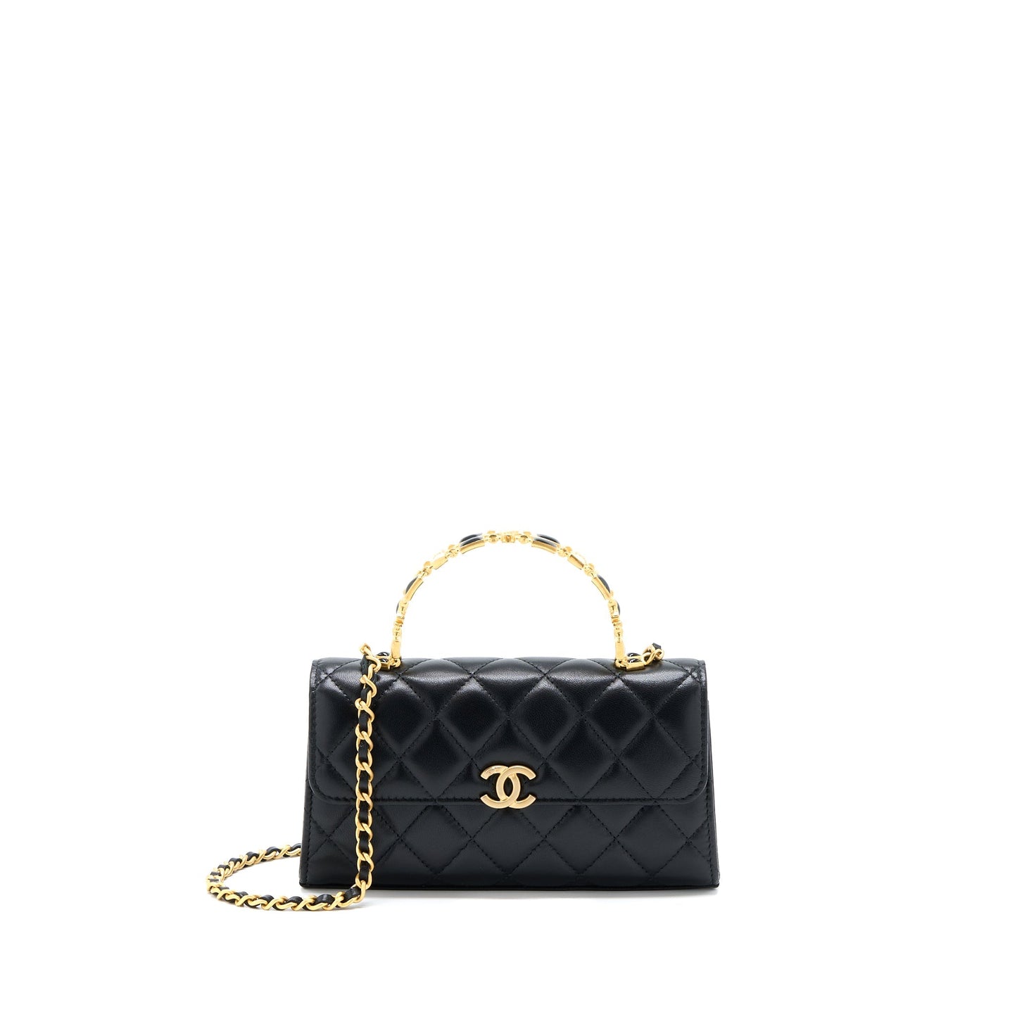 Chanel 22B Flap Bag Enamel/CC Logo Top Handle Lambskin Black Brushed