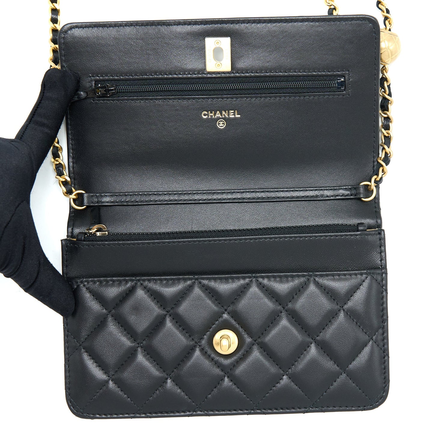 Chanel 22B Pearl Crush Wallet On Chain Lambskin Black  (Microchip)