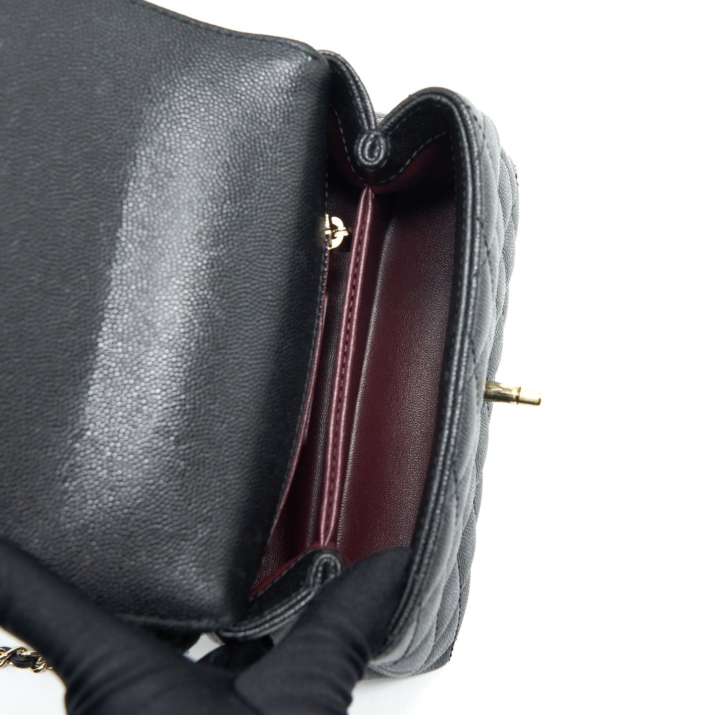 Chanel Mini Coco Handle Flap Bag Caviar Black With Burgundy Handle L