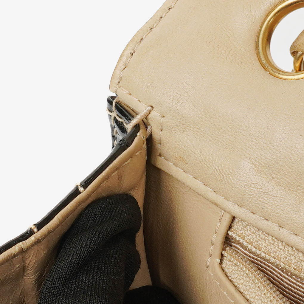 Chanel  Chocolate Bar Square Single Flap Beige Quilted Leather/Patent Leather Chain Shoulder Bag