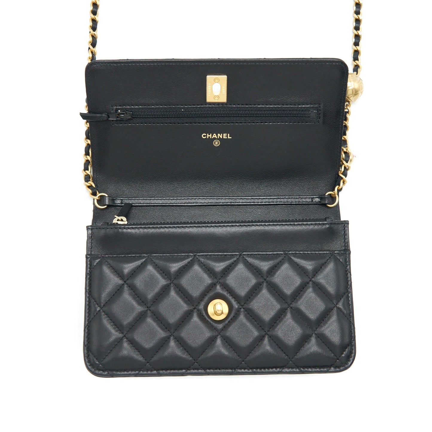 Chanel 22C Pearl Crush Wallet On Chain Lambskin Black