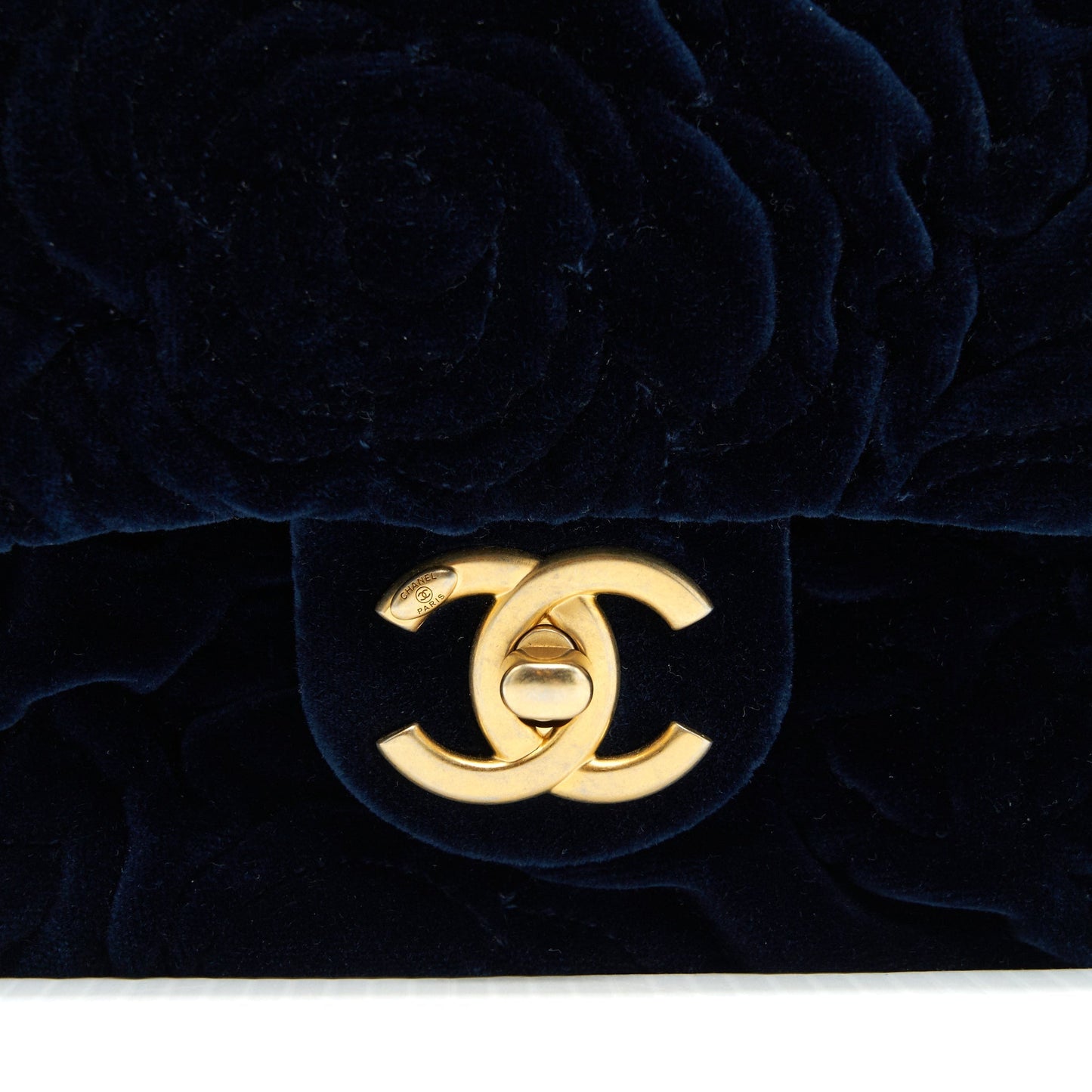 Chanel Velvet Camellia Embossed Mini Square Flap Bag Navy
