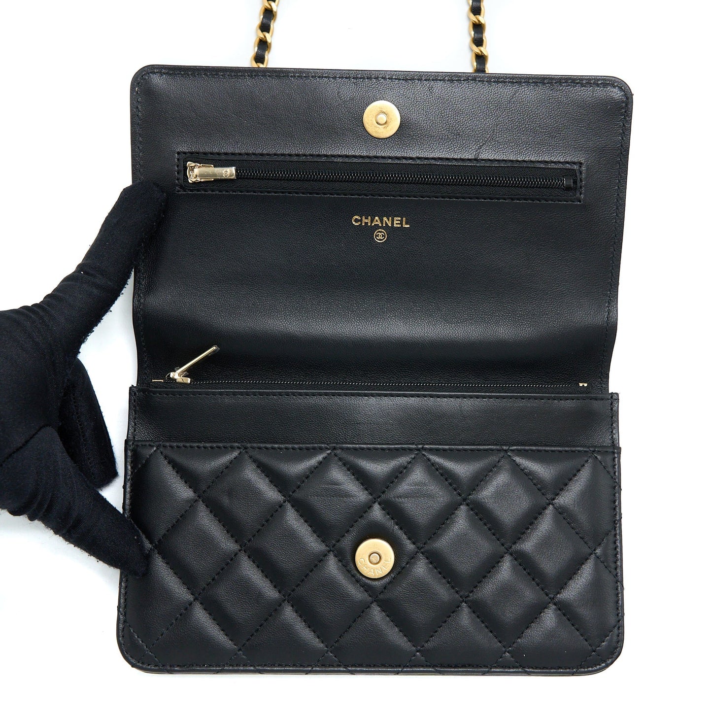 Chanel Detailed Top Handle Wallet on Chain Lambskin Black  (Microchip)