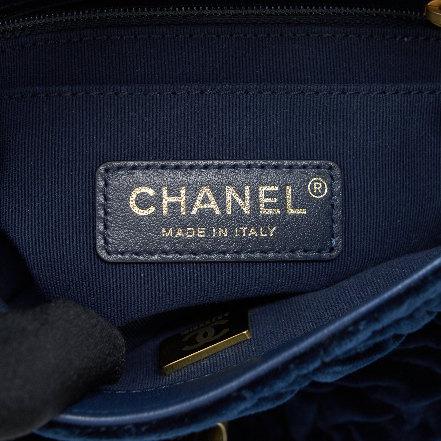 Chanel Velvet Camellia Embossed Mini Square Flap Bag Navy