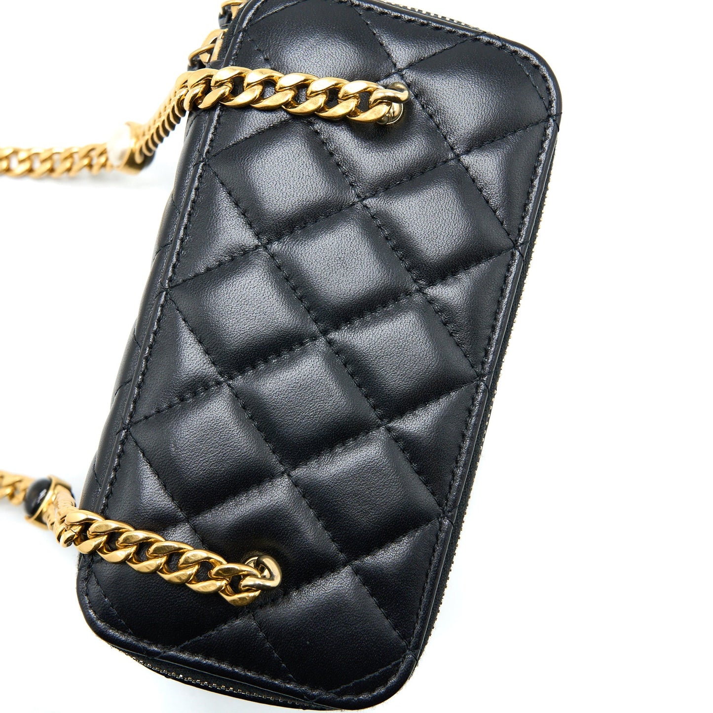 Chanel Long Vanity Detailed Gem Chain Lambskin Black  (Microchip)