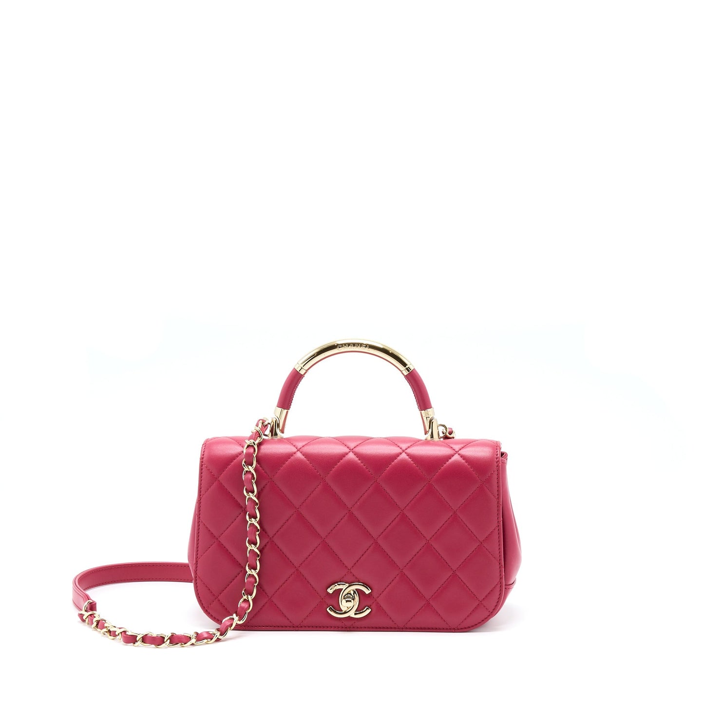 Chanel Top Handle Flap Bag Crossbody Lambskin Pink