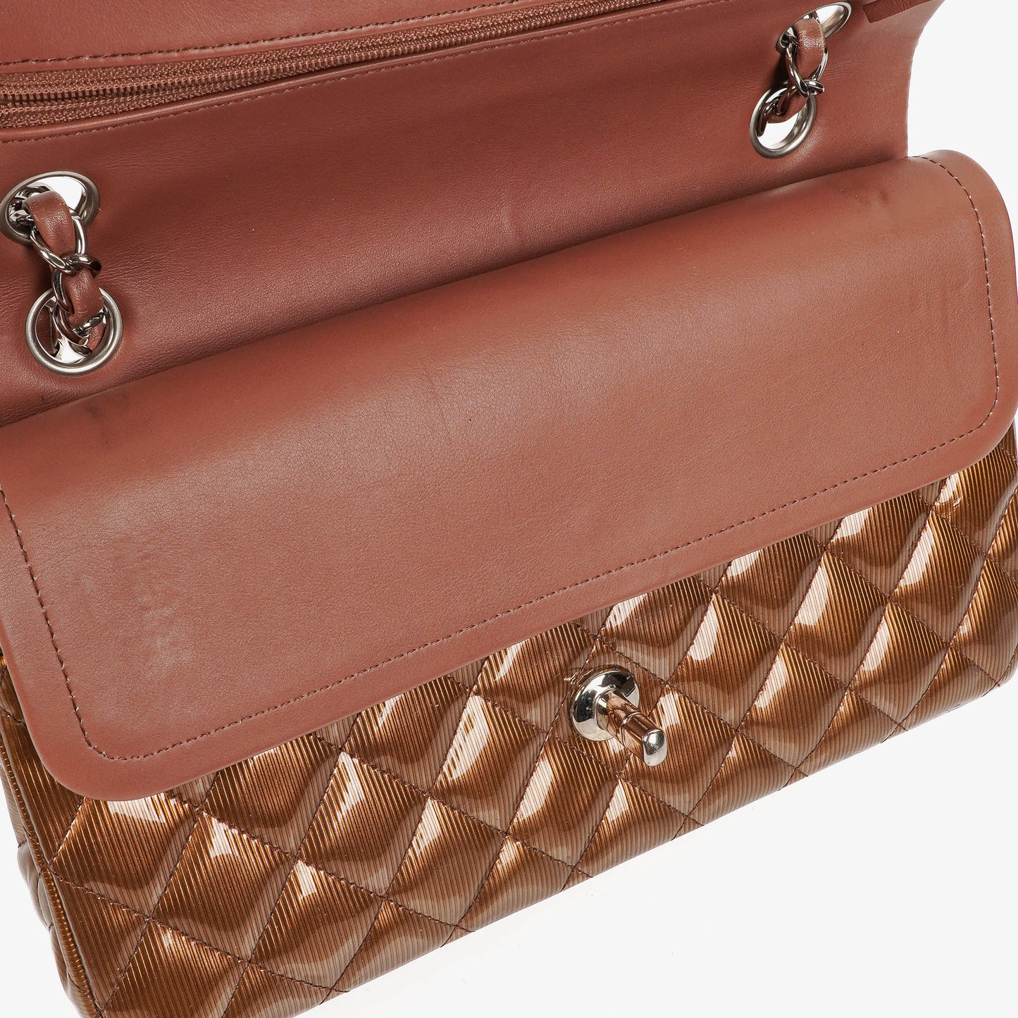 Chanel Medium Classic Double Flap Quilted Striated Bronze Patent Leather With Silver-tone Hardware