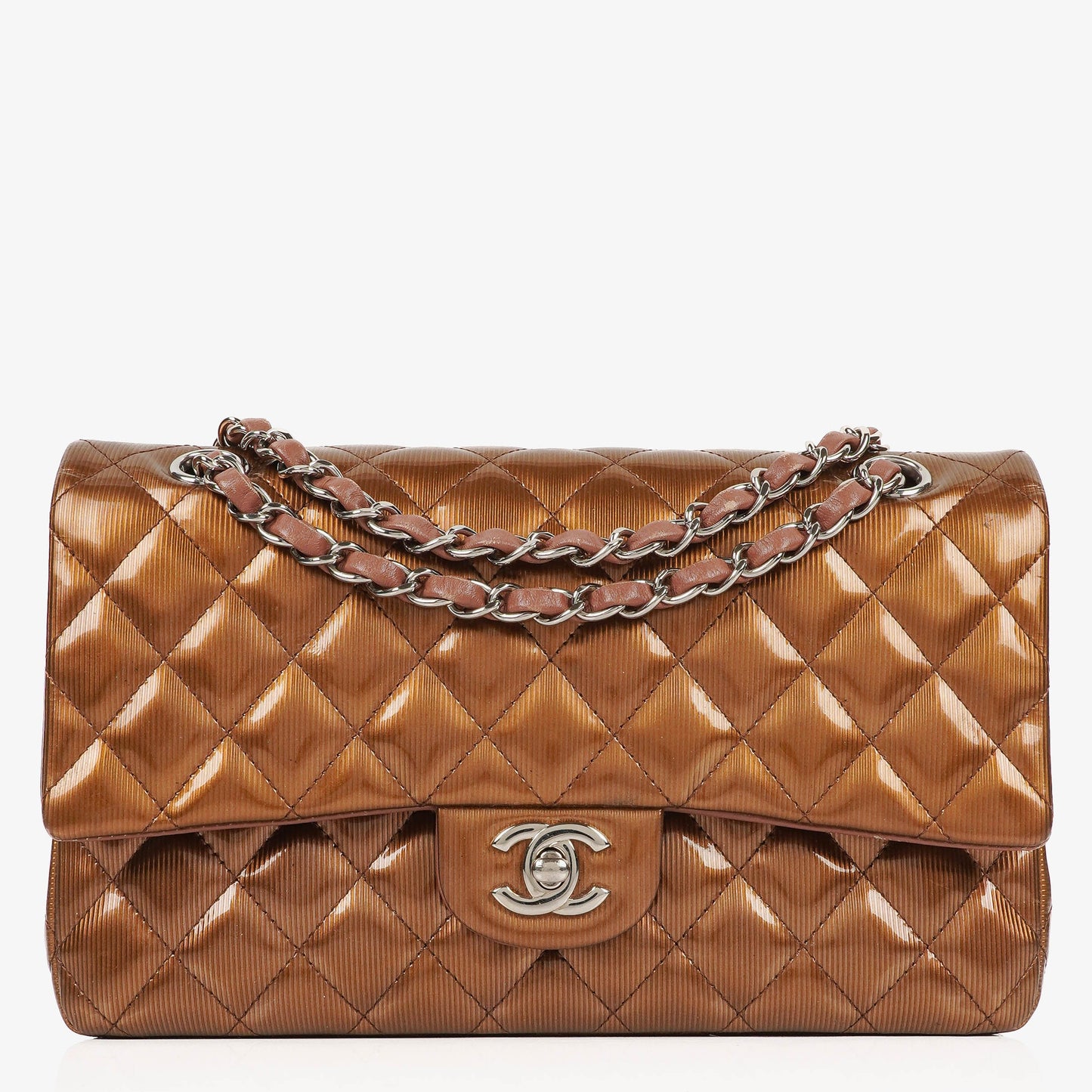 Chanel Medium Classic Double Flap Quilted Striated Bronze Patent Leather With Silver-tone Hardware