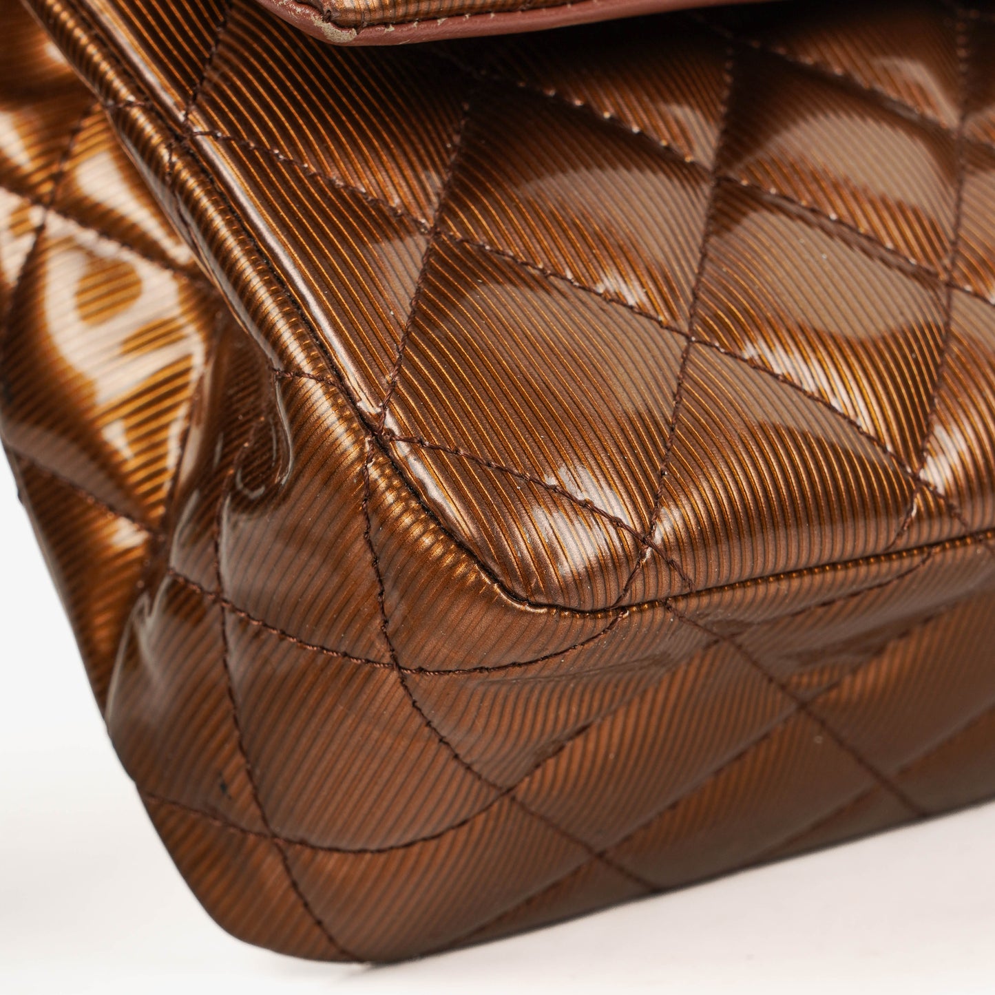 Chanel Medium Classic Double Flap Quilted Striated Bronze Patent Leather With Silver-tone Hardware
