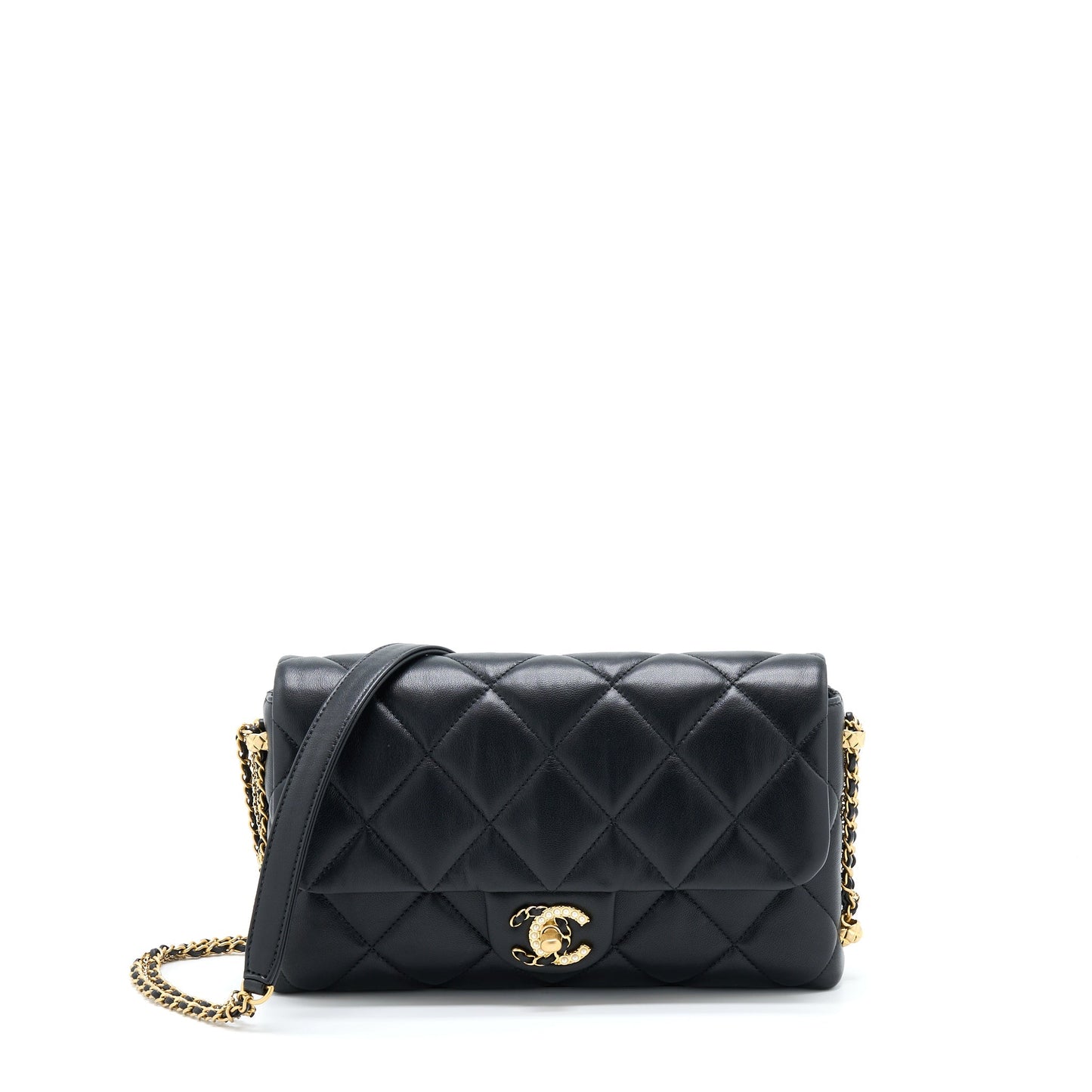 Chanel 21A Quilted Detailed Logo Flap Bag Lambskin Black  (Microchip)