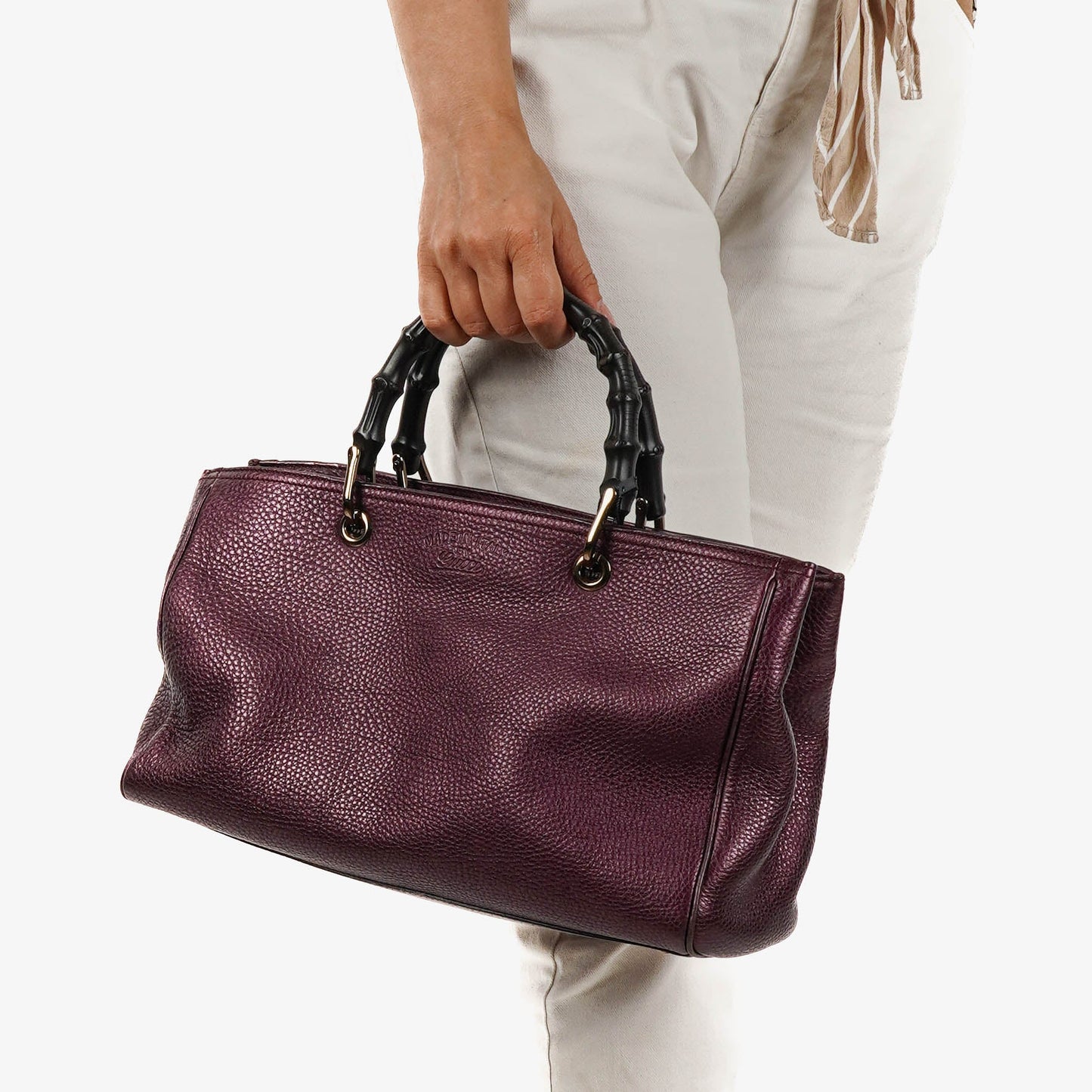 Gucci Purple Pebbled Calfskin Medium Bamboo Shopper Tote Bag