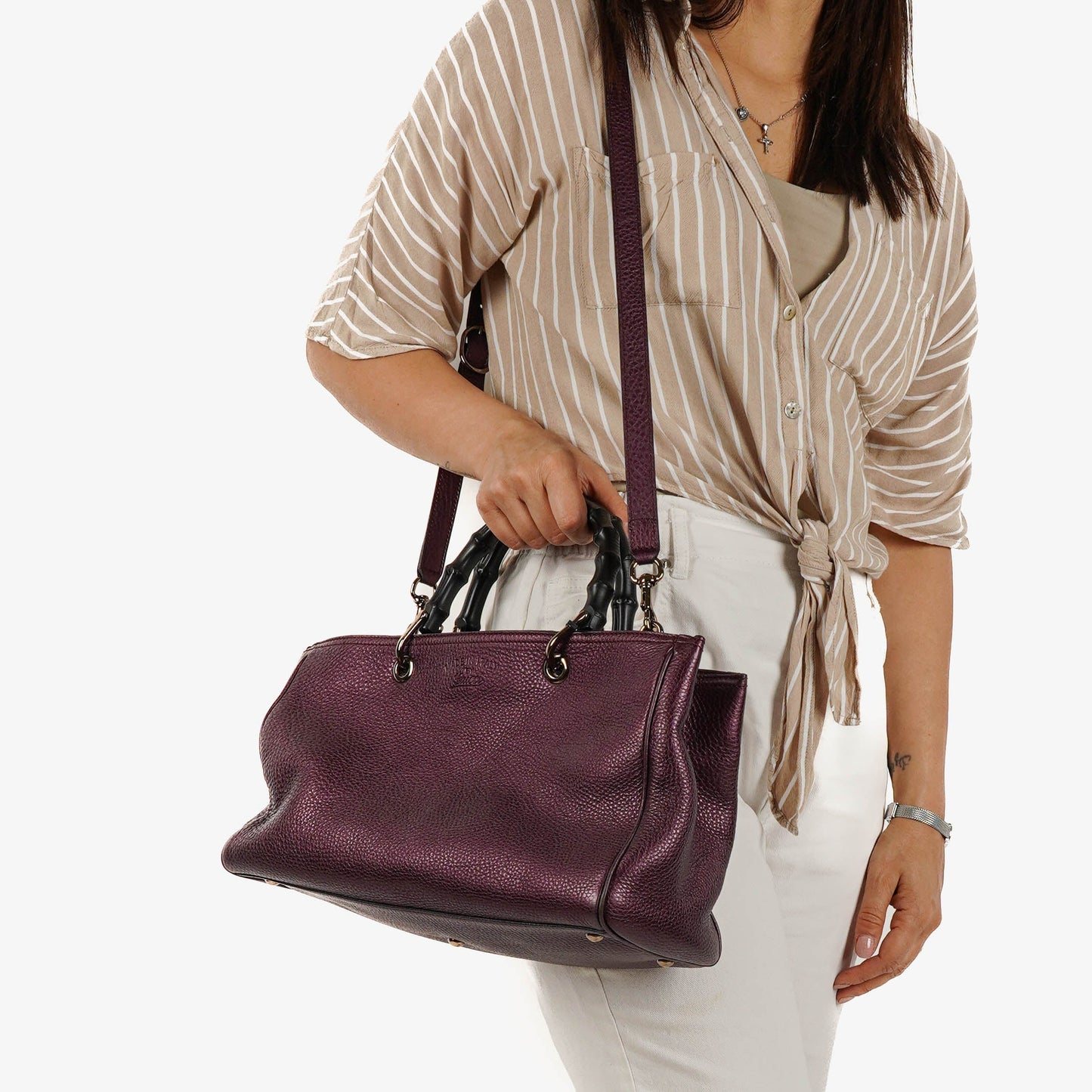 Gucci Purple Pebbled Calfskin Medium Bamboo Shopper Tote Bag