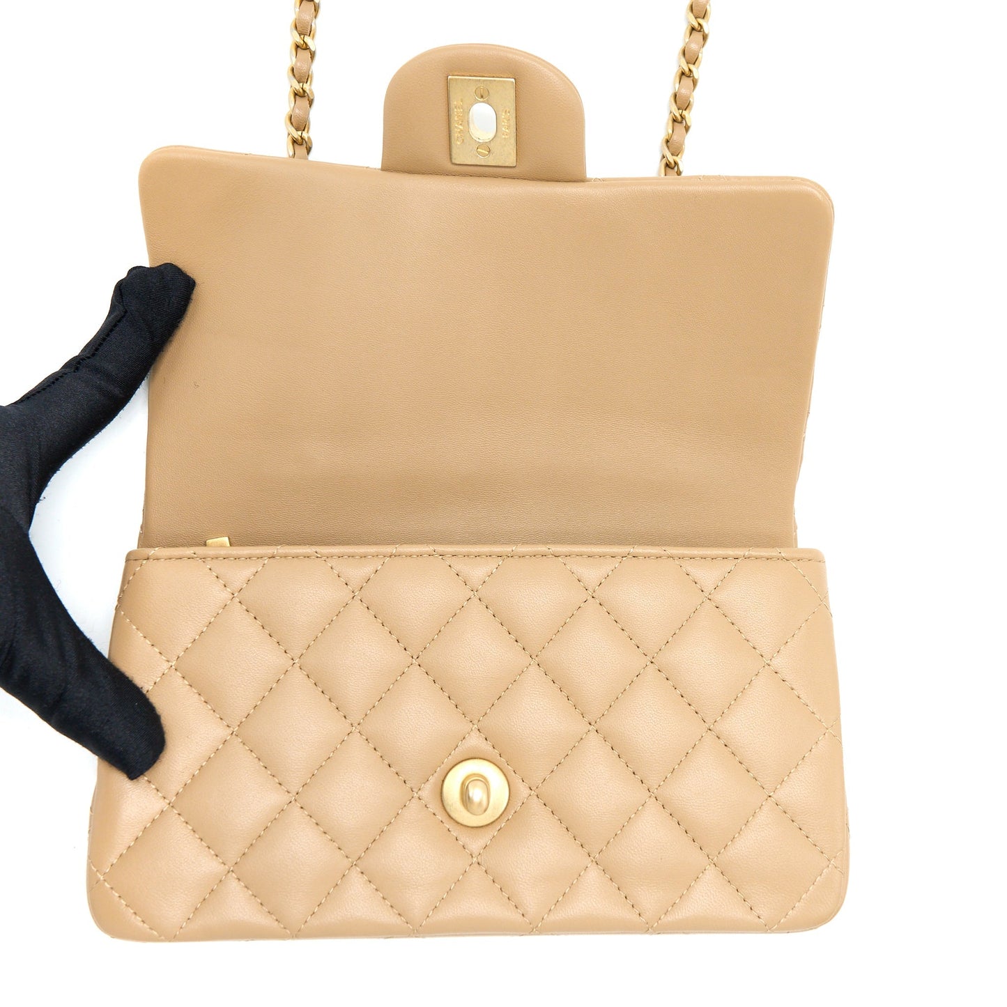 Chanel 22B Detail Top Handle Mini Rectangular Lambskin NJ528 Dark Beige Brushed