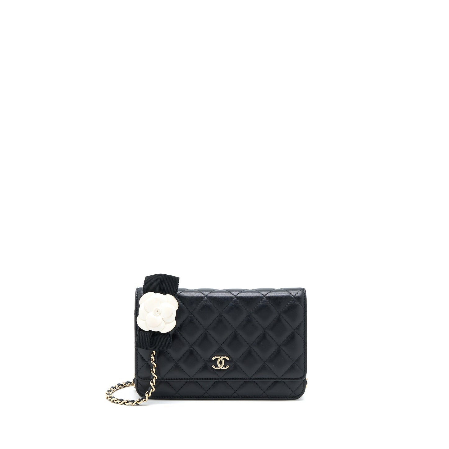 Chanel Quilted Wallet on Chain with Camellia Chain Lambskin Black L