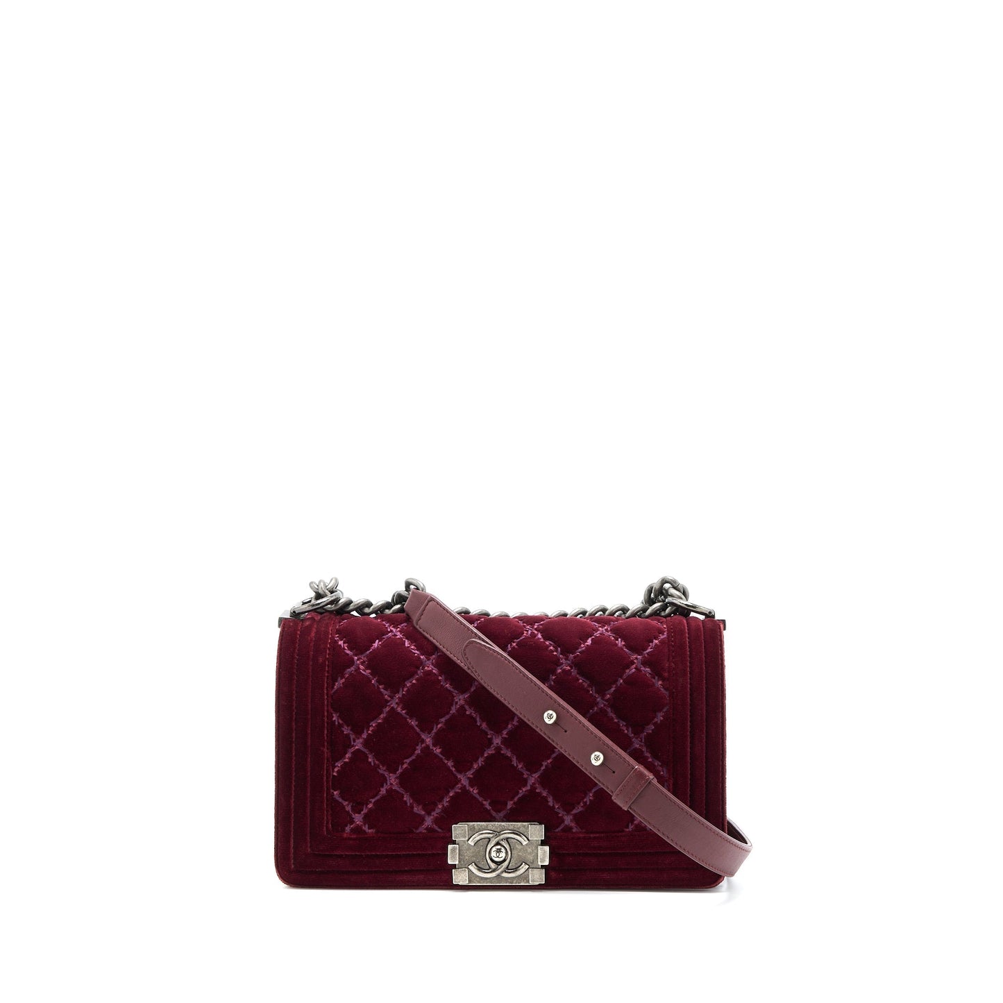Chanel Medium Boy Bag Velvet Dark Red Ruthenium