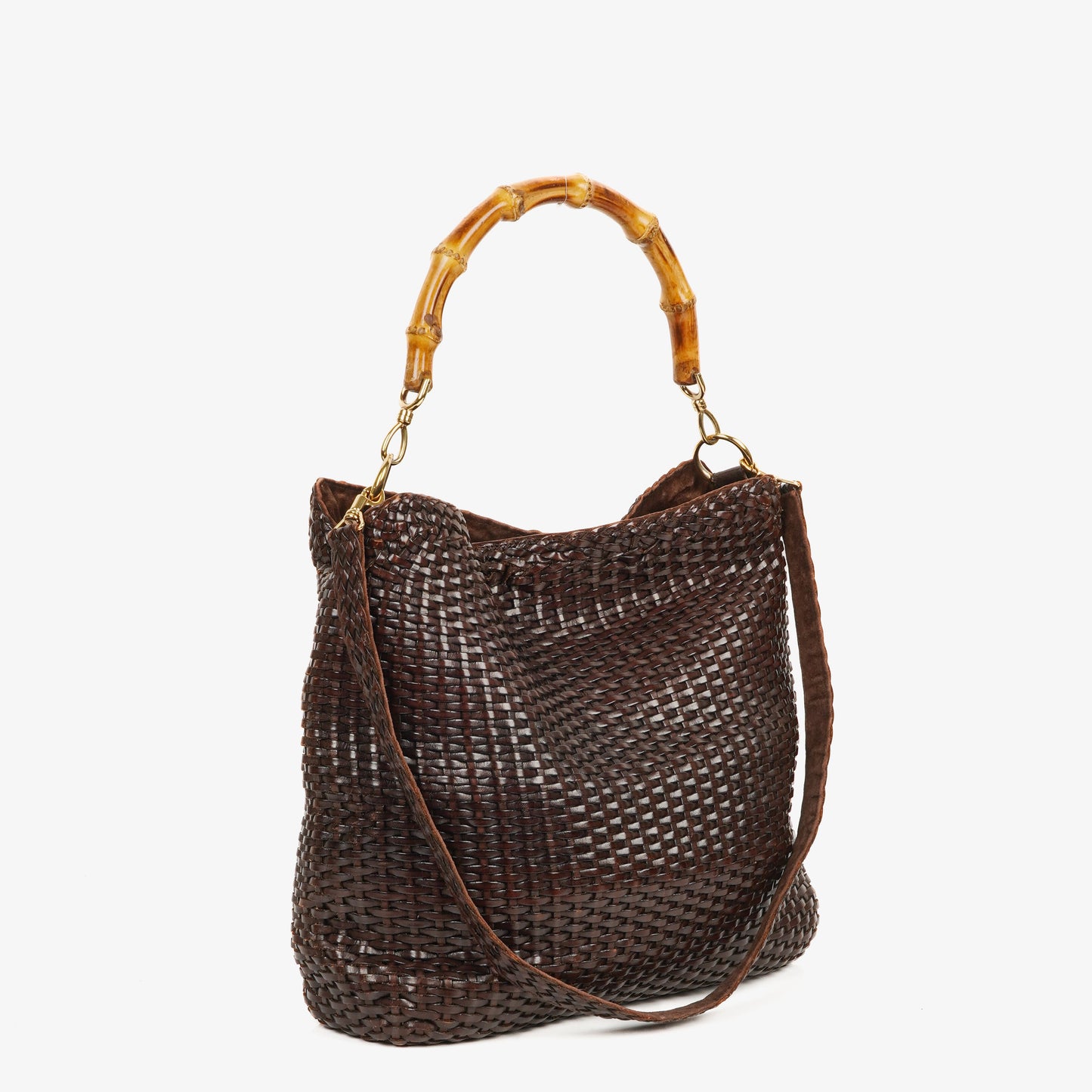 Gucci Brown Woven Leather Bamboo Top Handle Bag