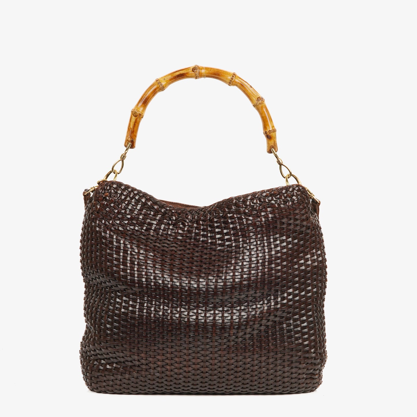 Gucci Brown Woven Leather Bamboo Top Handle Bag