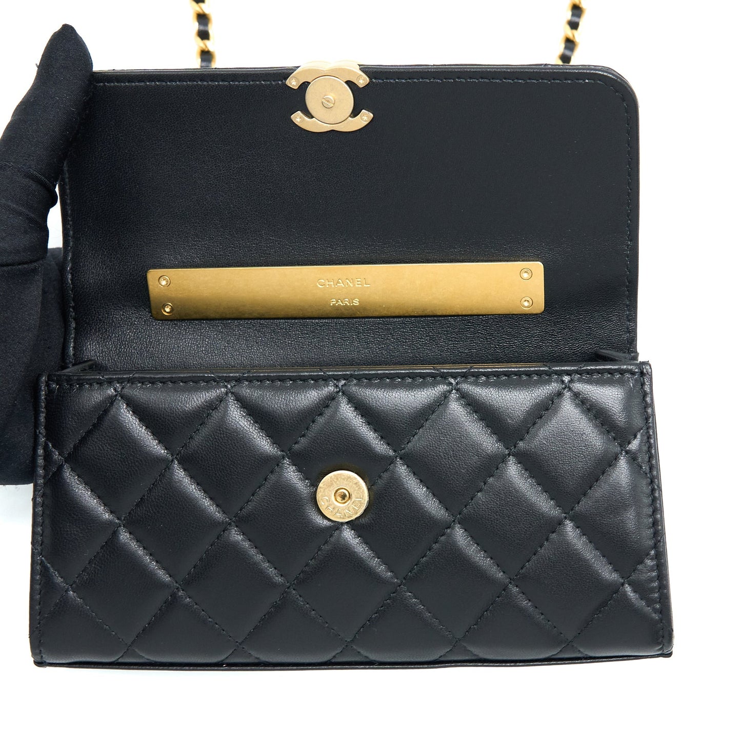 Chanel 22B Flap Bag Enamel/CC Logo Top Handle Lambskin Black Brushed