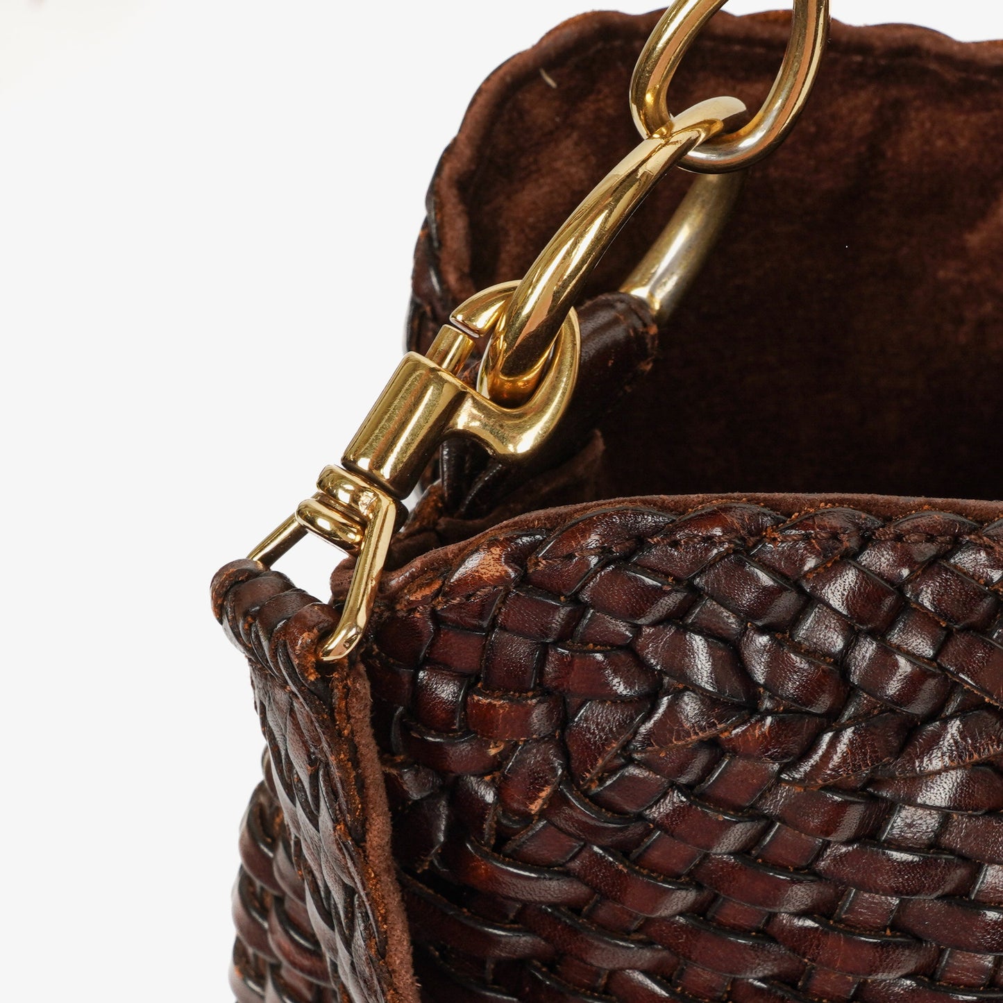 Gucci Brown Woven Leather Bamboo Top Handle Bag
