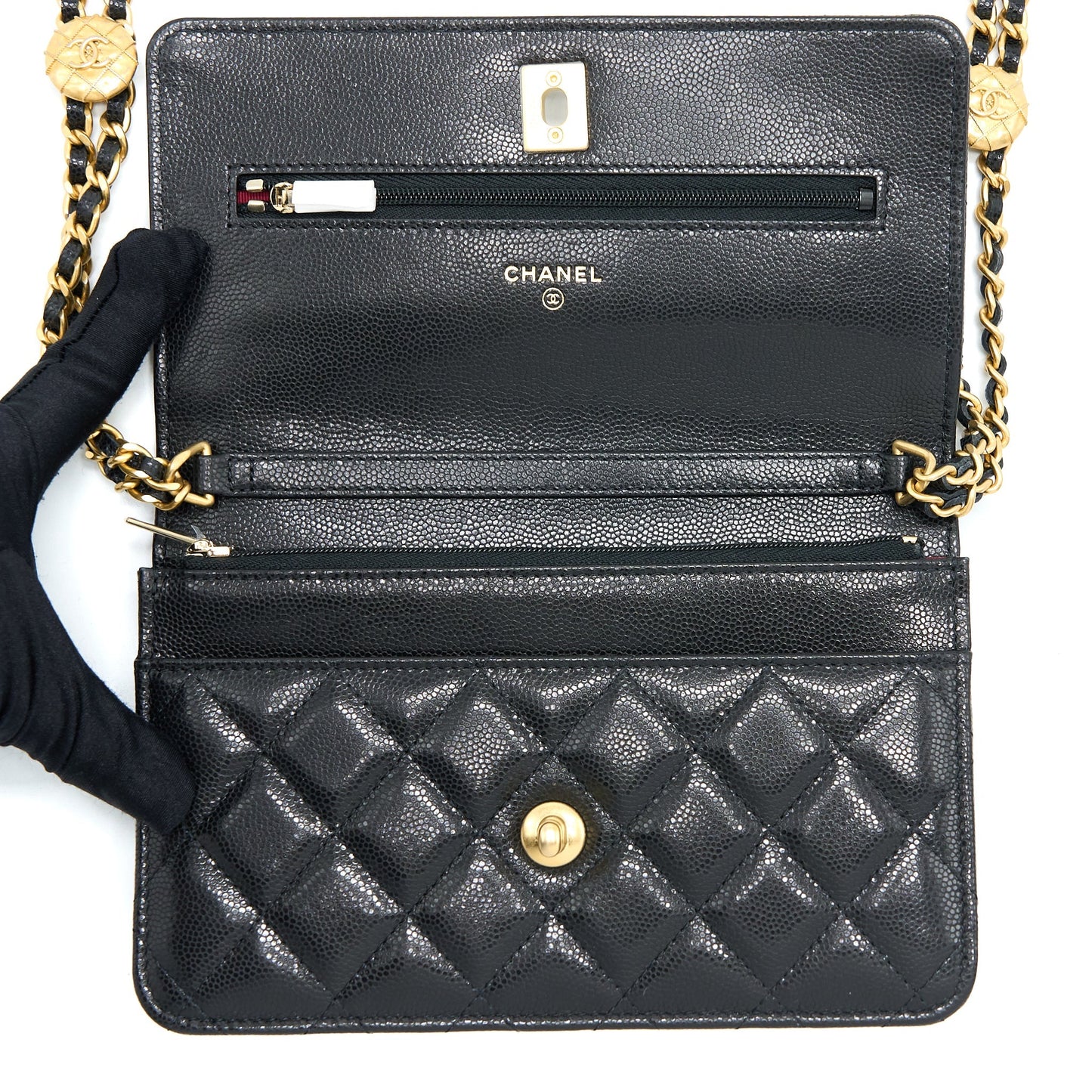 Chanel 22A Twist your button Wallet On Chain Caviar Black  (Microchip)