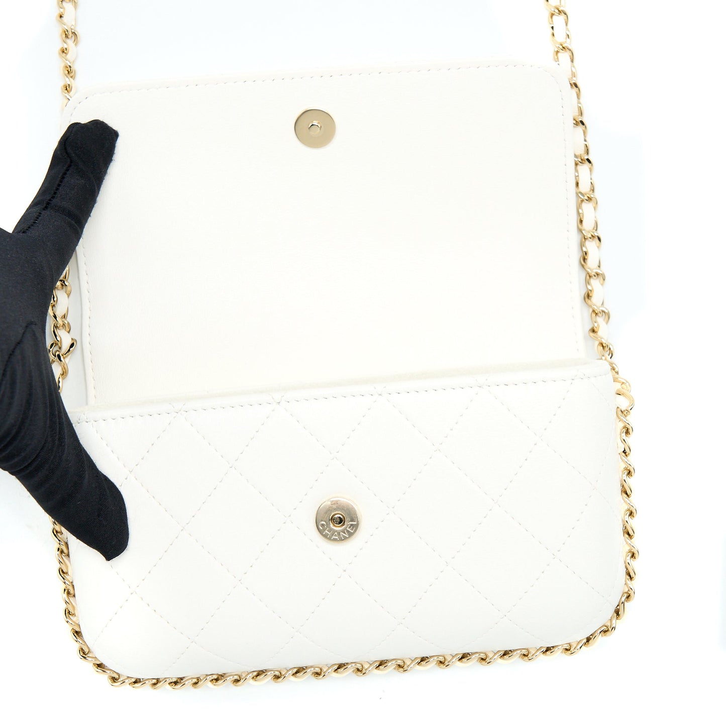 Chanel Rectangular Mini Flap Phone Case Bag Quilted Lambskin White L (Microchip)