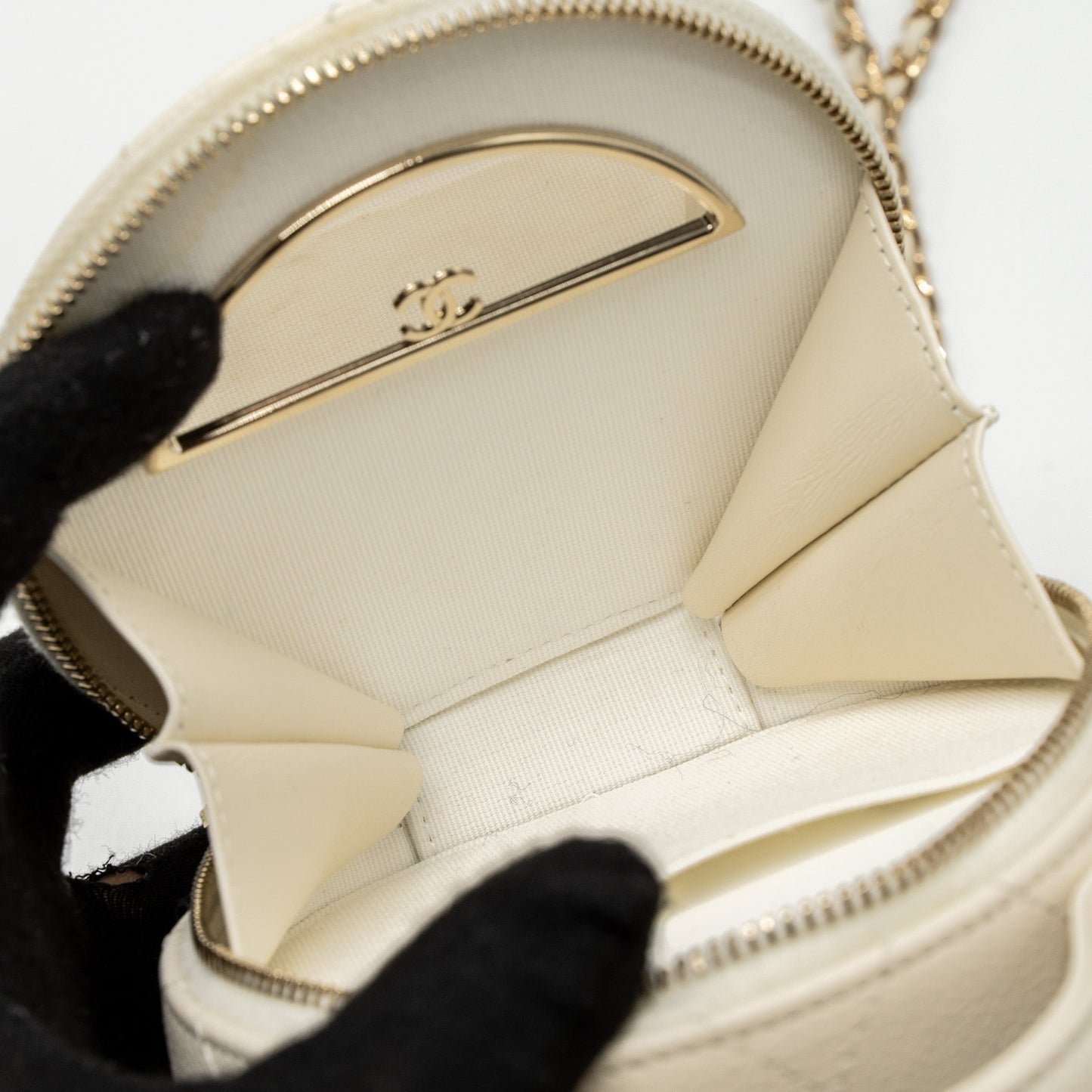 Chanel Top Handle Mini Round Vanity with Chain Caviar White L