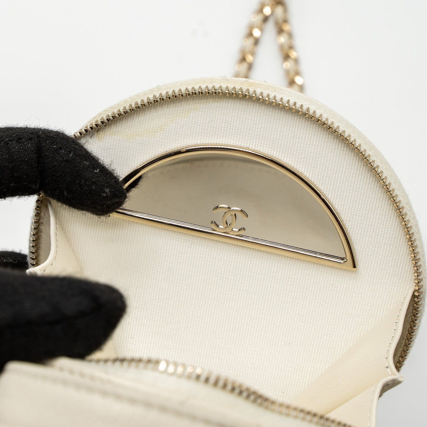 Chanel Top Handle Mini Round Vanity with Chain Caviar White L