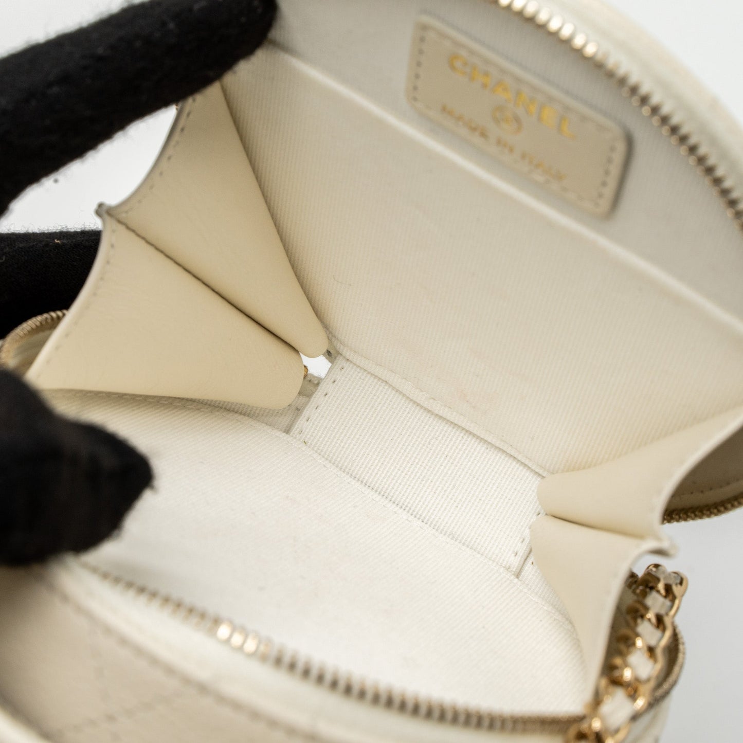 Chanel Top Handle Mini Round Vanity with Chain Caviar White L