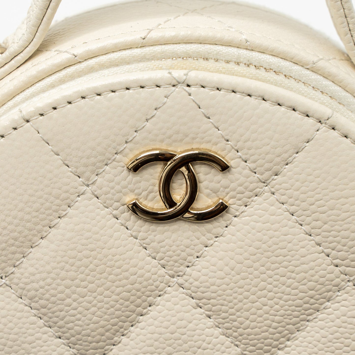 Chanel Top Handle Mini Round Vanity with Chain Caviar White L