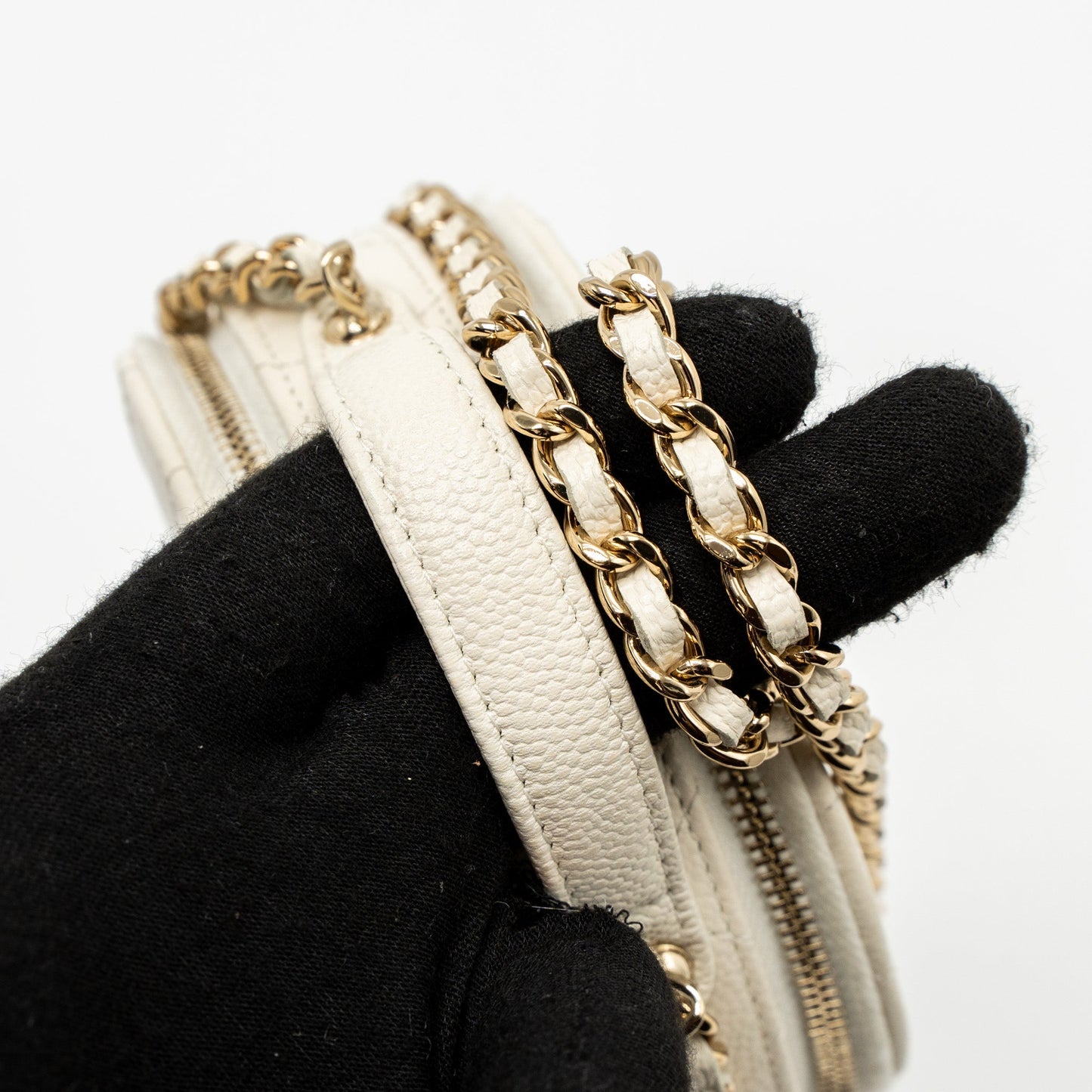 Chanel Top Handle Mini Round Vanity with Chain Caviar White L