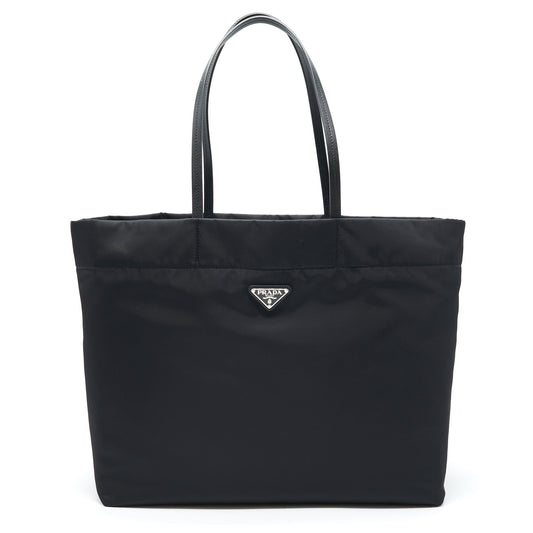 Prada Nylon Tote With Leather Handle Black