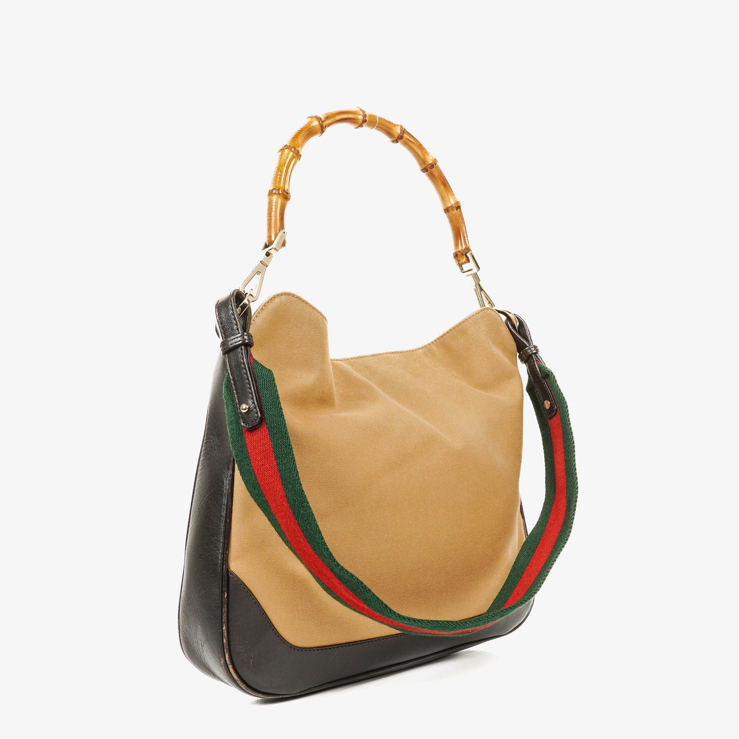 Gucci Bamboo Top Handle Beige Canvas Brown Lerahter Hobo Bag