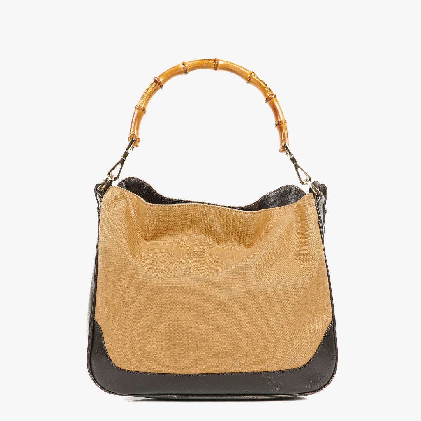 Gucci Bamboo Top Handle Beige Canvas Brown Lerahter Hobo Bag