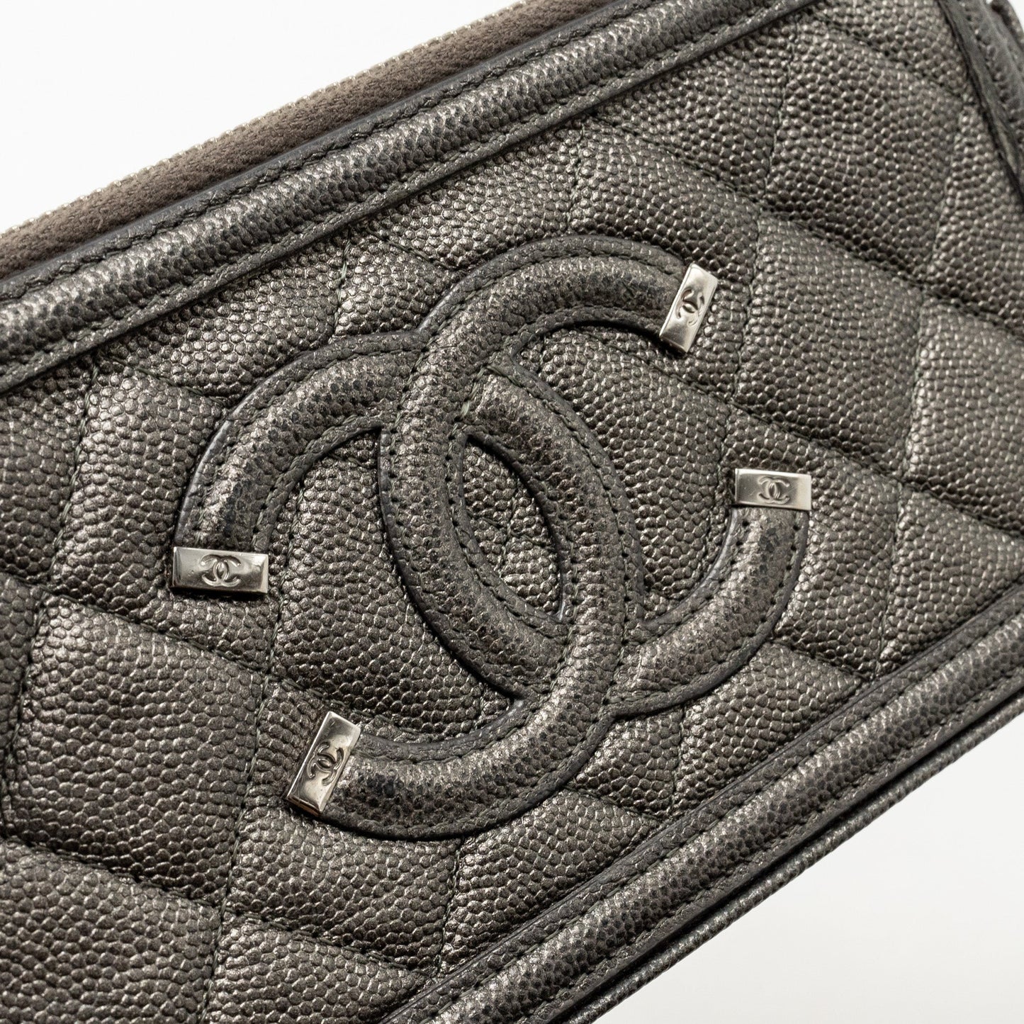 Chanel CC Filigree Double Zip Clutch with Chain Caviar Grey