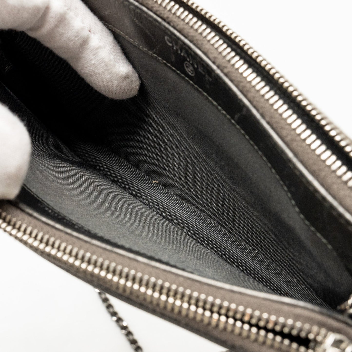 Chanel CC Filigree Double Zip Clutch with Chain Caviar Grey