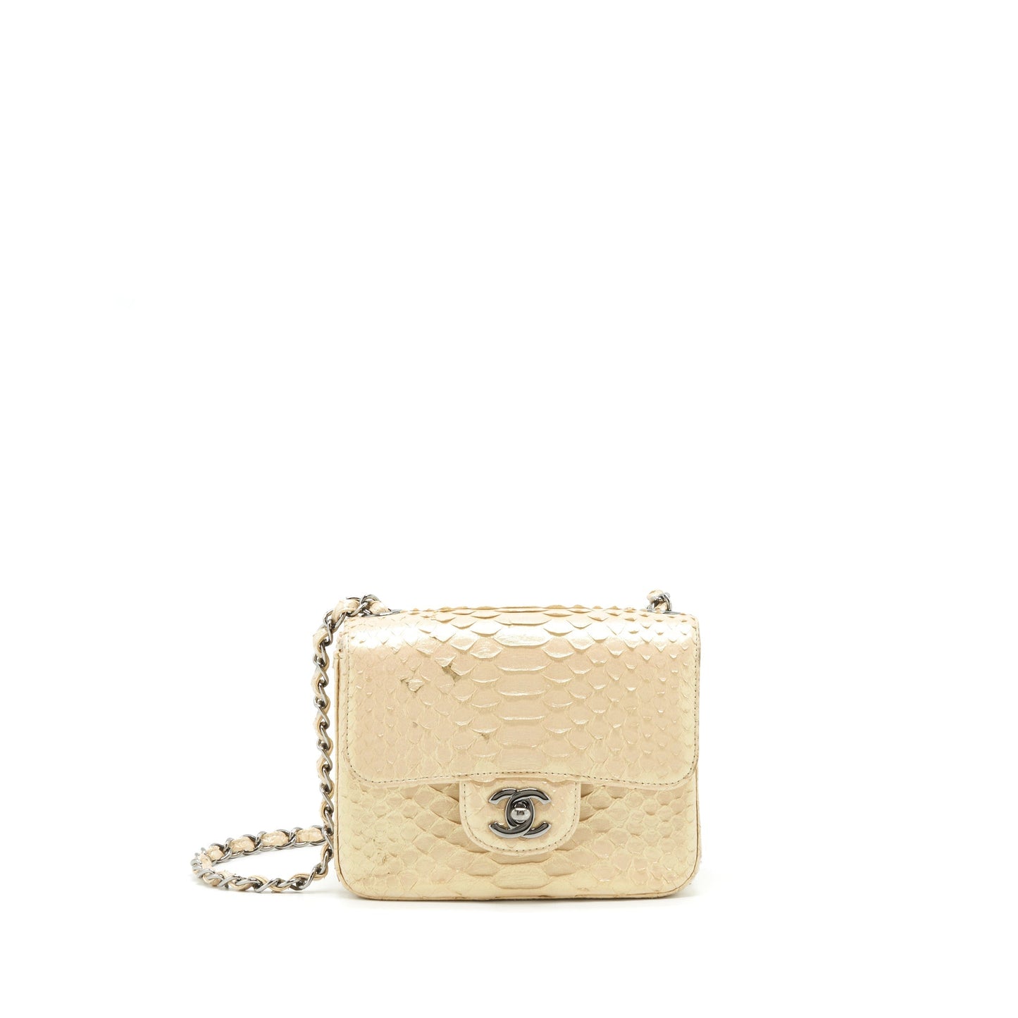 Chanel Mini Square Flap Bag Python Iridescent Light Beige