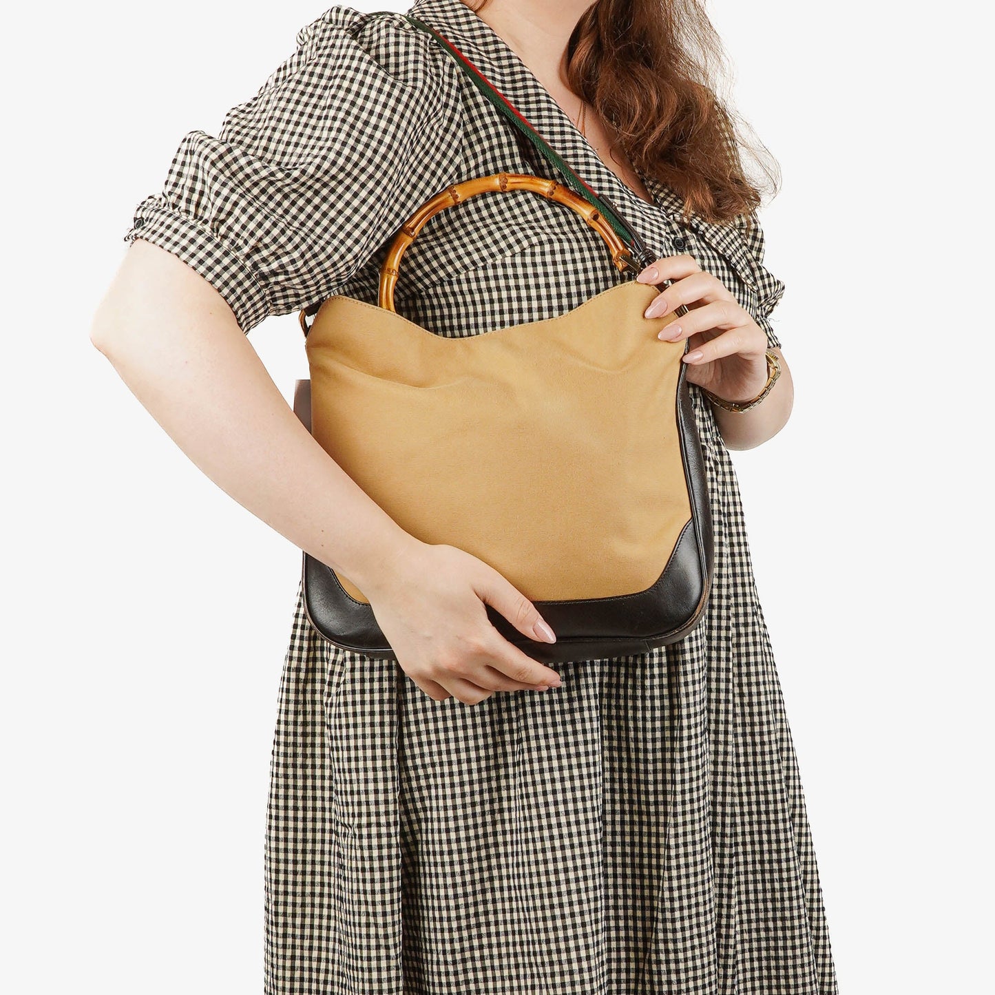 Gucci Bamboo Top Handle Beige Canvas Brown Lerahter Hobo Bag