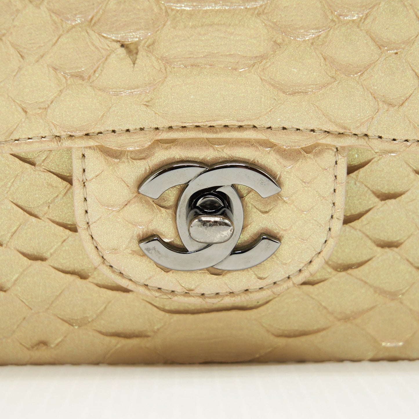 Chanel Mini Square Flap Bag Python Iridescent Light Beige