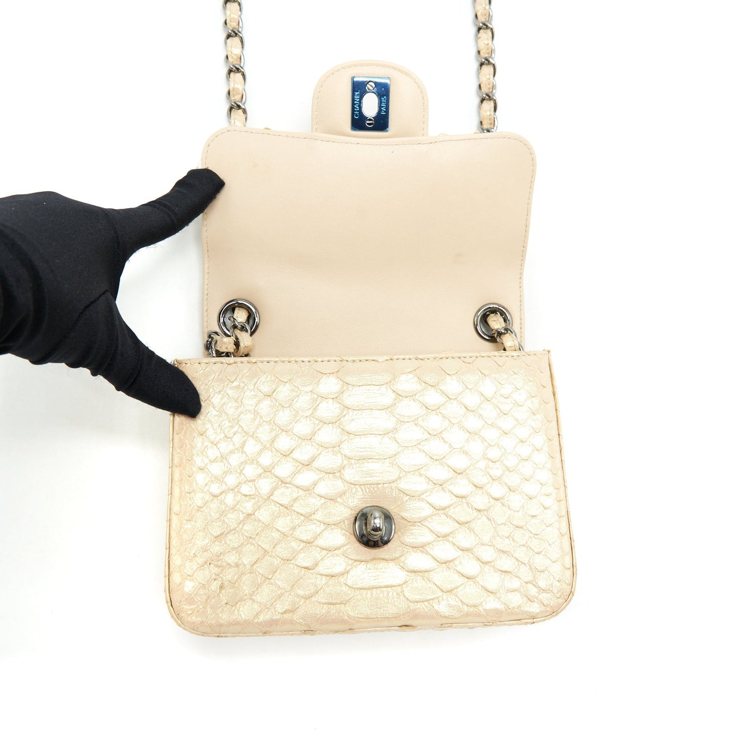 Chanel Mini Square Flap Bag Python Iridescent Light Beige