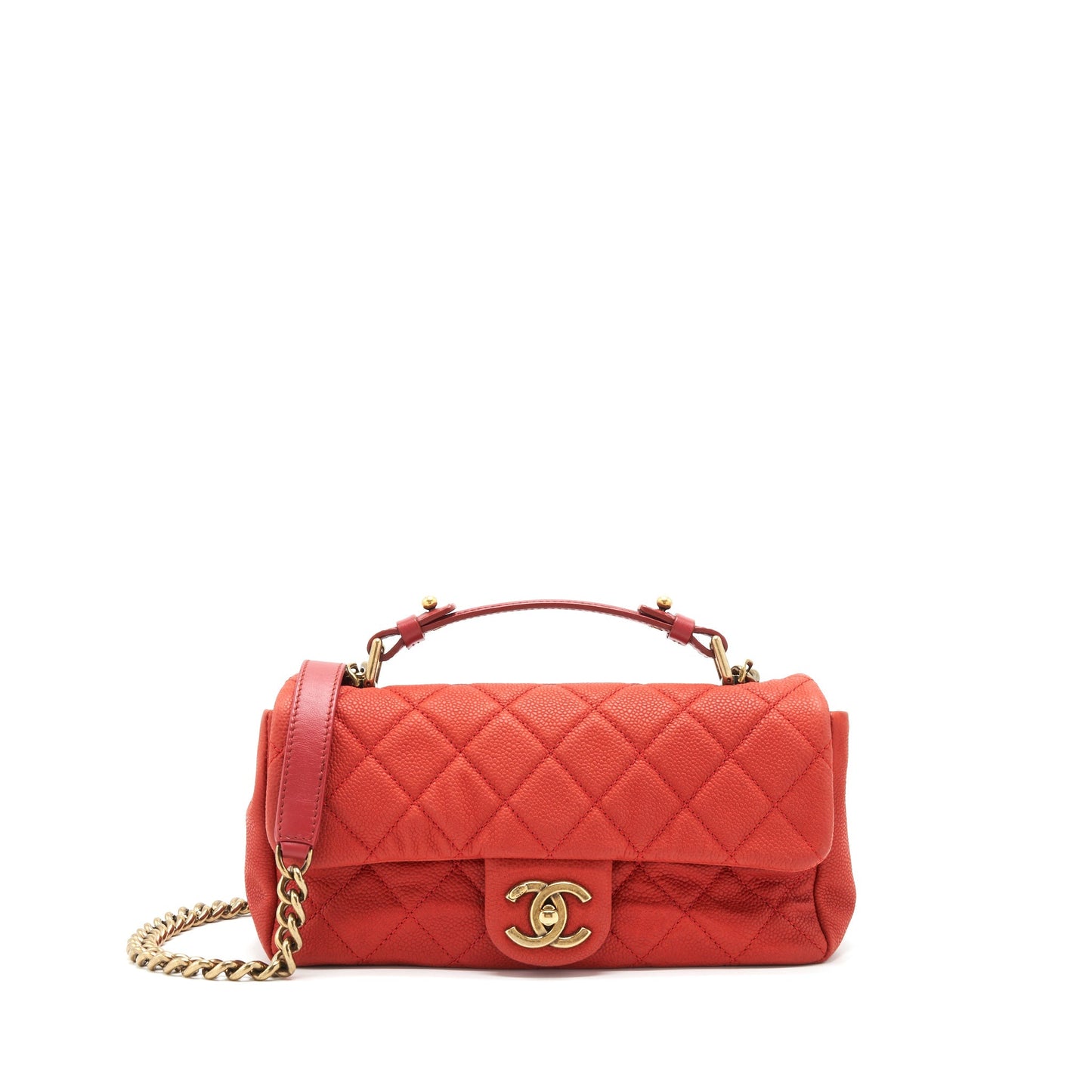 Chanel top handle rectangular flap bag grained calfskin red