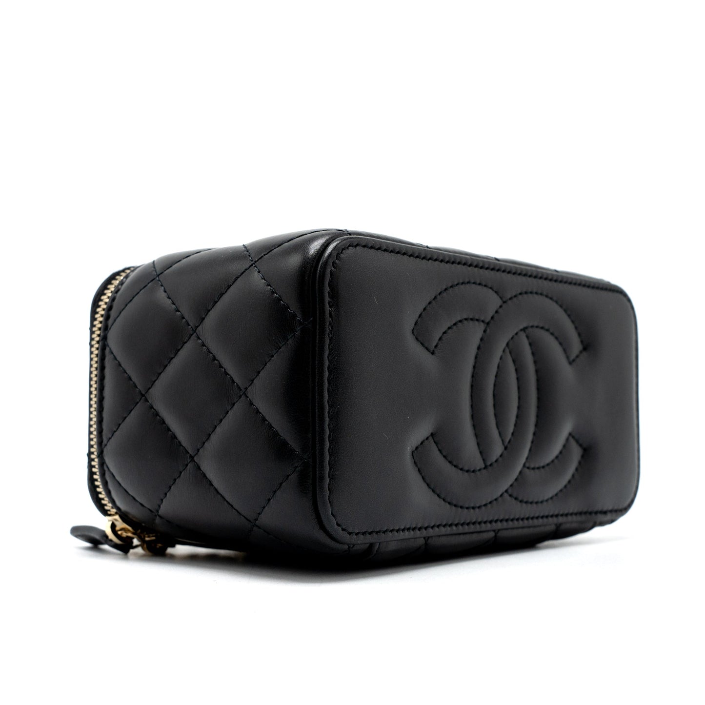 Chanel 22K Gold Pillar Adjustable Chain Long Vanity Lambskin Black Brushed (Microchip)