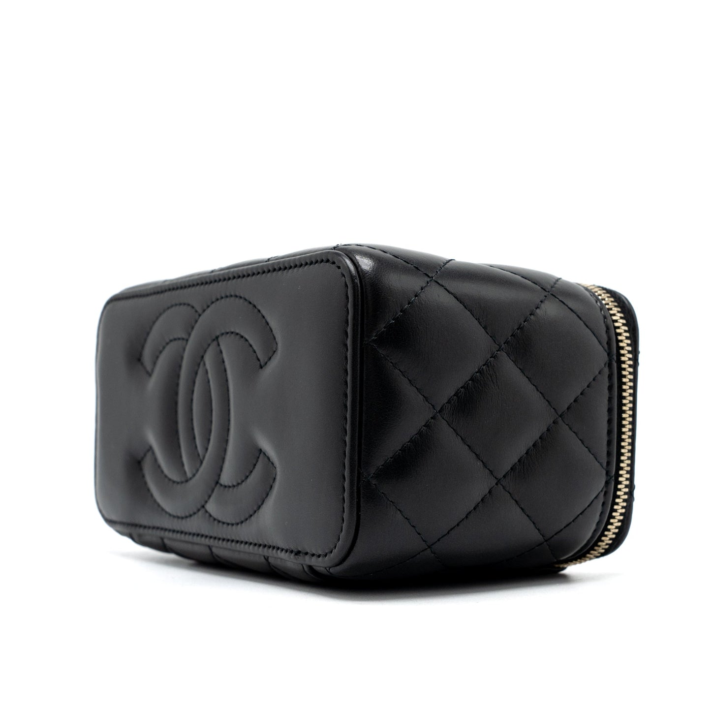 Chanel 22K Gold Pillar Adjustable Chain Long Vanity Lambskin Black Brushed (Microchip)