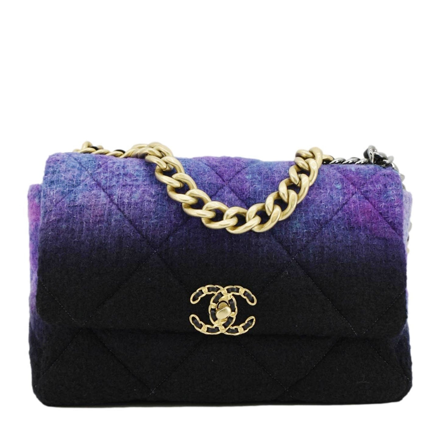 CHANEL 19 Flap Large Quilted Mixed Tweed Shoulder Bag Purple
