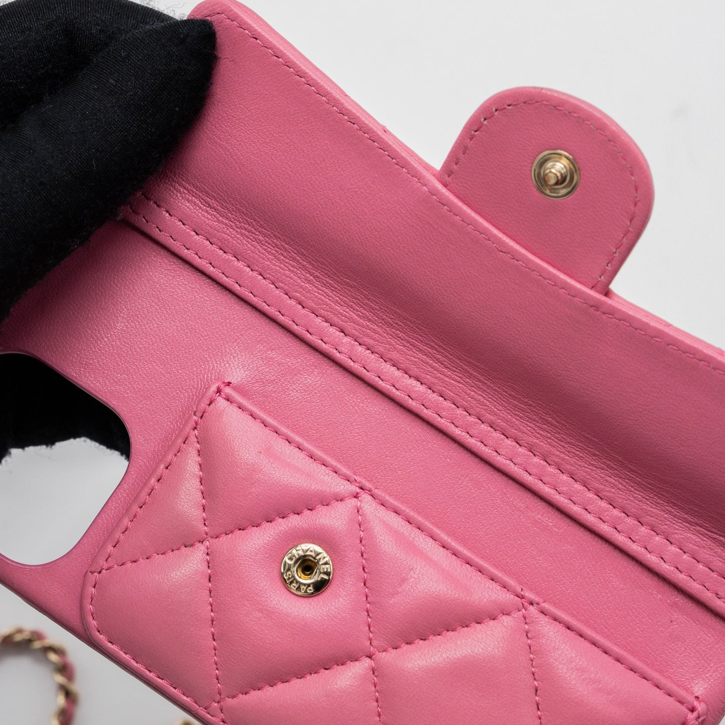 Chanel 21P pearl crush phone case with chain for iPhone 12 lambskin pink L