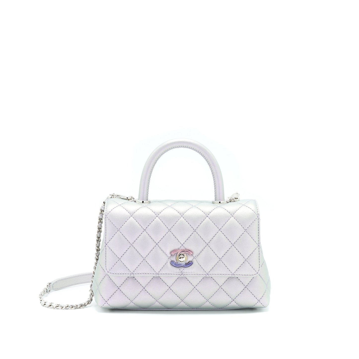 Chanel 21K Small Coco Handle 24cm Caviar Iridescent Lilac Rainbow Hardware